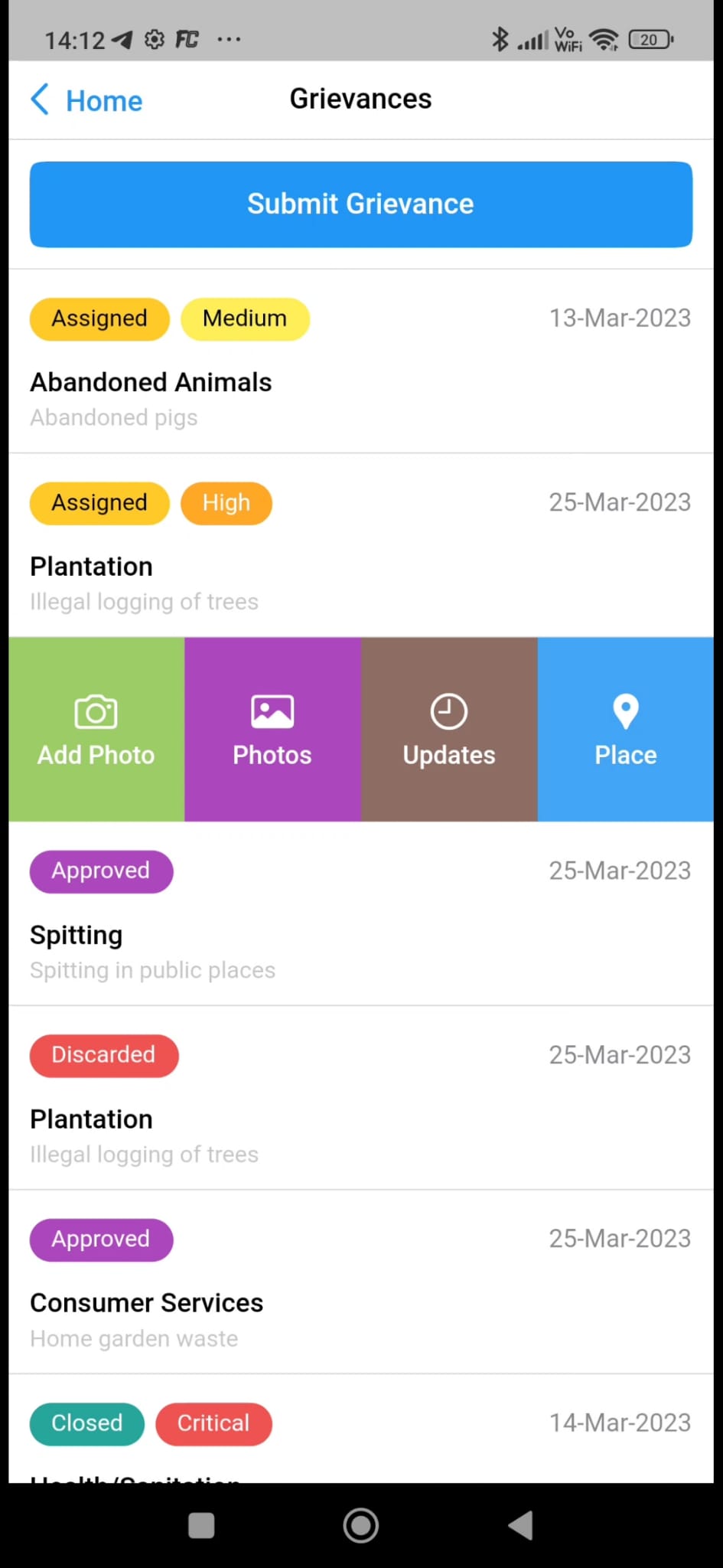Grievance evidence and location actions