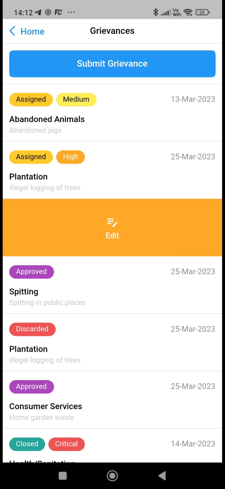 Municipality grievance action screen