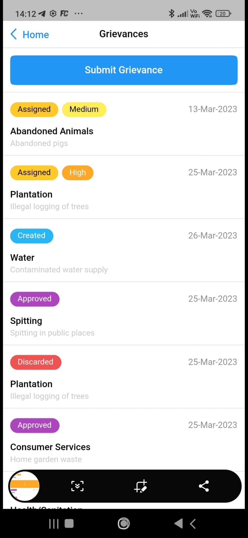 Grievance list showing status and priority